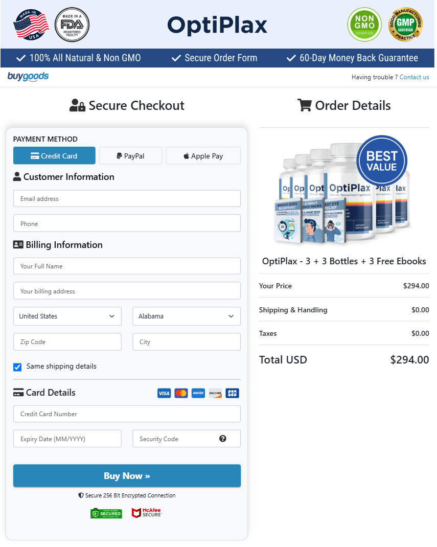 OptiPlax order checkout page